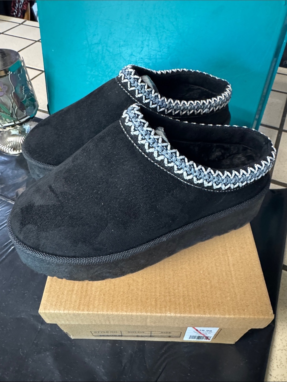 Cozy Black Slip-On Faux Suede Slippers with Braided Trim